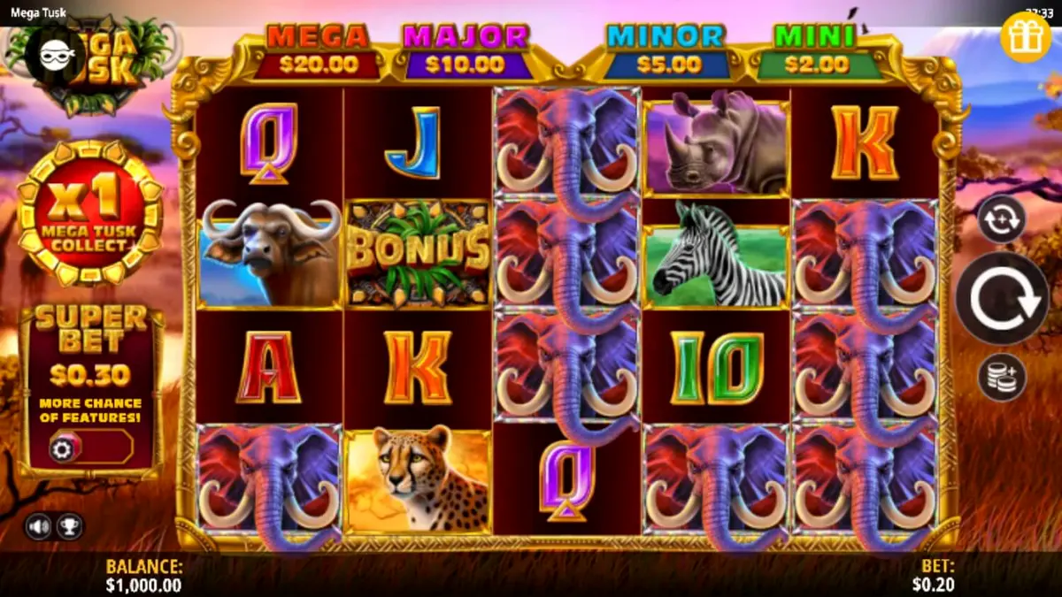Pemandangan savana Afrika yang indah dalam slot Mega Tusk
