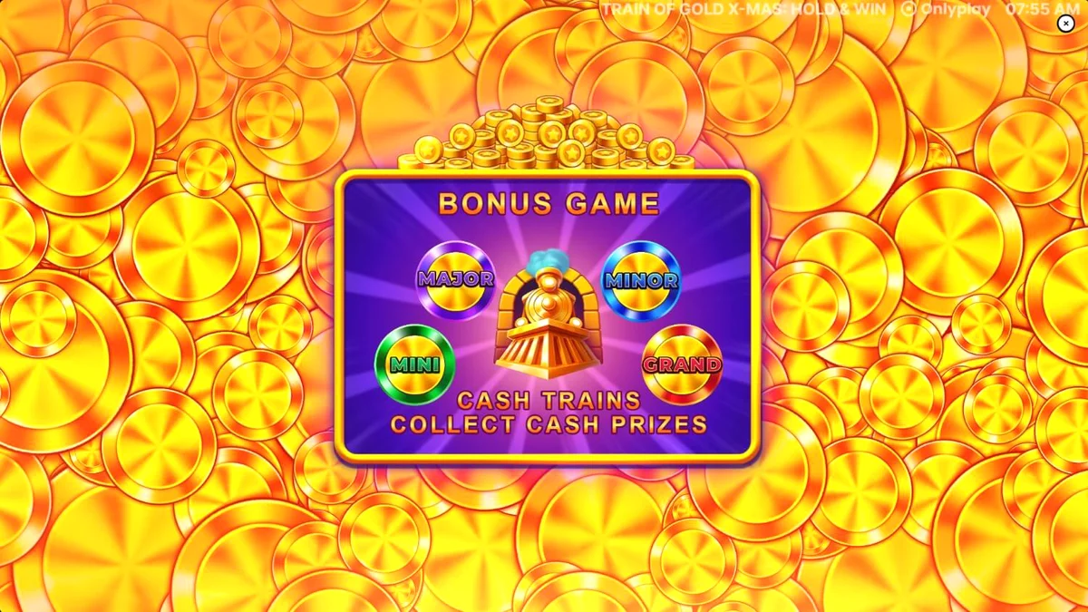 Tampilan visual slot Train of Gold X-Mas: Hold & Win dengan tema kereta Natal