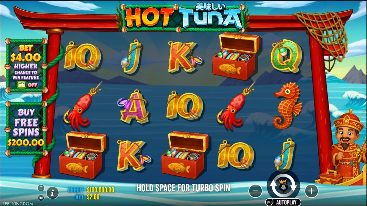 Tampilan visual slot Hot Tuna dengan latar belakang laut dan nelayan tradisional.